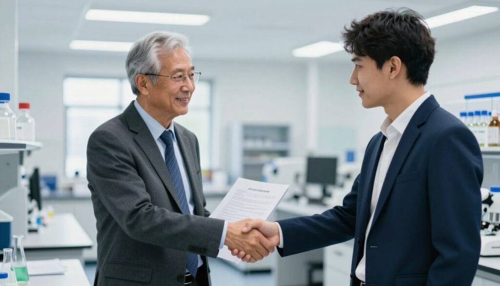 A bright university laboratory where a professor and a young entrepreneur shake hands over a shared scientific document, high-quality photography, professional lighting. A bright university laboratory where a professor and a young entrepreneur shake hands over a shared scientific document, high-quality photography, professional lighting.