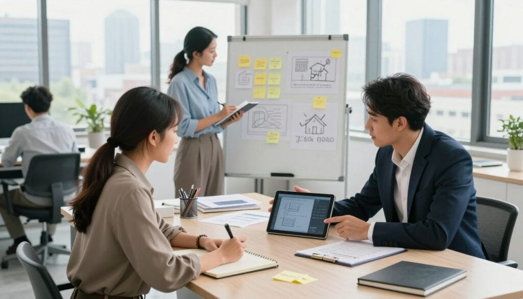 A brightly lit, modern workspace featuring a diverse group of three professionals collaborating around a large table. In the foreground, a woman in smart casual attire takes notes, while a man in a business suit presents ideas on a digital tablet. The middle ground shows a brainstorming area with sticky notes and sketches pinned on a whiteboard, illustrating concepts of authentic content creation. In the background, large windows allow natural light to pour in, offering a view of a city skyline that evokes a sense of ambition and creativity. The overall atmosphere is dynamic and inspiring, emphasizing teamwork and the pursuit of high-quality, resonant content. The composition is shot from a slight overhead angle to capture all elements effectively.