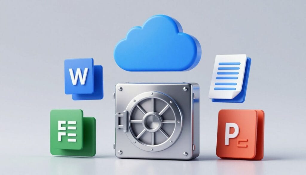 A clean 3D render of the Microsoft OneDrive logo with a blue cloud icon floating above a secure digital vault door, surrounded by icons of Word, Excel, and PowerPoint documents, high-tech professional style.