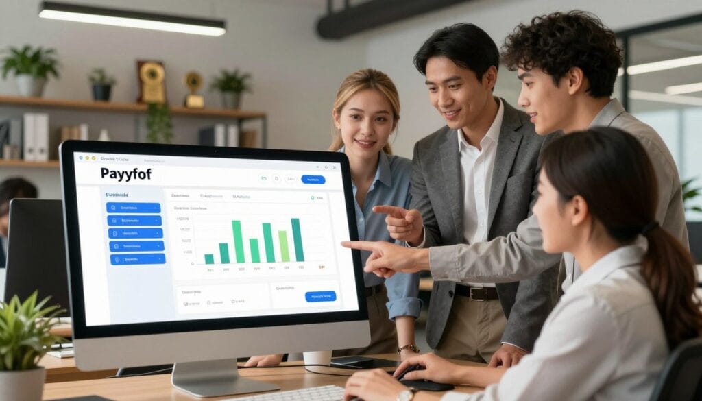 A clean and modern office environment showcasing the key features of a payroll platform. In the foreground, display a sleek computer screen highlighting a user-friendly dashboard with charts, graphs, and easy navigation buttons. In the middle, a diverse group of small business owners, dressed in professional business attire, are engaged in a discussion, pointing towards the screen and smiling. The background features shelves filled with contemporary office plants and awards, suggesting professionalism and success. Soft overhead lighting creates a warm and inviting atmosphere. The image should be taken from a slight angle, emphasizing both the screen and the engaged team, conveying collaboration and innovation in payroll management. A clean and modern office environment showcasing the key features of a payroll platform. In the foreground, display a sleek computer screen highlighting a user-friendly dashboard with charts, graphs, and easy navigation buttons. In the middle, a diverse group of small business owners, dressed in professional business attire, are engaged in a discussion, pointing towards the screen and smiling. The background features shelves filled with contemporary office plants and awards, suggesting professionalism and success. Soft overhead lighting creates a warm and inviting atmosphere. The image should be taken from a slight angle, emphasizing both the screen and the engaged team, conveying collaboration and innovation in payroll management.