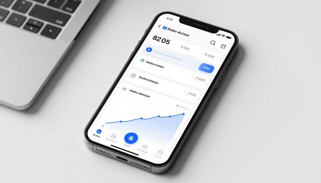 A clean, modern digital interface of a robo-advisor app showing a diversified investment portfolio with automated growth charts and a professional financial aesthetic on a smartphone screen.