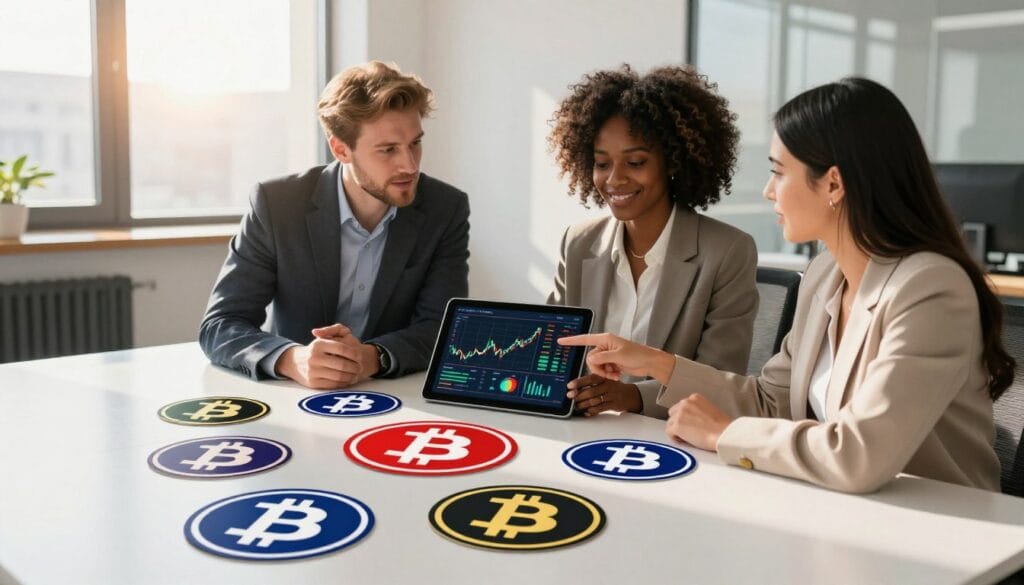 A clean, modern office environment is depicted with a sleek conference table at the forefront, scattered with prominent, vibrant cryptocurrency logos to symbolize various altcoins. In the middle ground, a diverse group of three professionals—a Caucasian man, an African American woman, and a Hispanic woman—are engaged in a lively discussion, dressed in smart business attire. They are analyzing a digital tablet displaying charts and graphs of cryptocurrency performance. In the background, large windows let in soft, warm sunlight, casting interesting shadows across the room, contributing to an atmosphere of optimism and growth. The overall mood is dynamic and focused, reflecting the promising future of altcoin investments. The lens captures the scene from a slightly elevated angle, emphasizing collaboration and strategy in investment discussions.