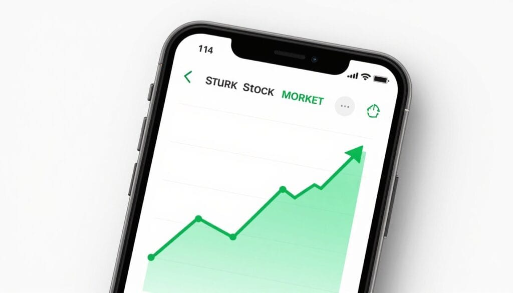 A clean, modern smartphone screen showing a colorful, minimalist stock market app with a friendly interface and green upward-trending charts, high-resolution, bright lighting, tech-focused aesthetic.