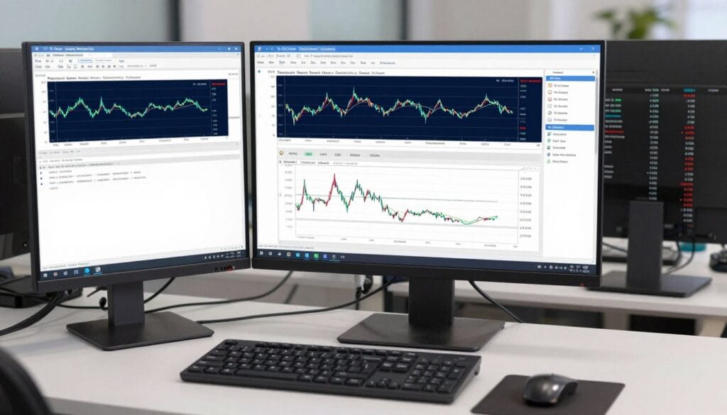 A clean, professional desktop workstation showing the TradeStation interface with multiple technical analysis windows and a real-time financial news ticker.