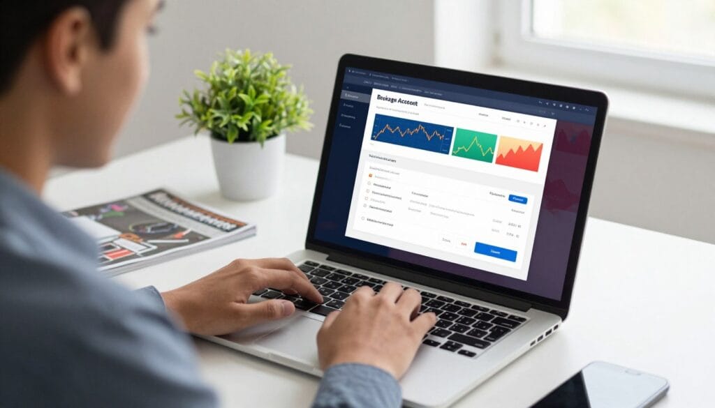 A close-up scene of a beginner opening a brokerage account on a laptop, set against a clean, modern workspace. In the foreground, a diverse young adult in professional business attire is focused on the laptop screen, with fingers poised over the keyboard. The middle layer features a sleek laptop showing a financial platform interface, complete with vibrant graphs and account creation forms. In the background, there are decorative elements like a potted plant and a financial magazine on a tidy desk, while soft, natural light from a nearby window creates a warm and inviting atmosphere. The overall mood is encouraging and optimistic, embodying the journey of new traders entering the financial world.