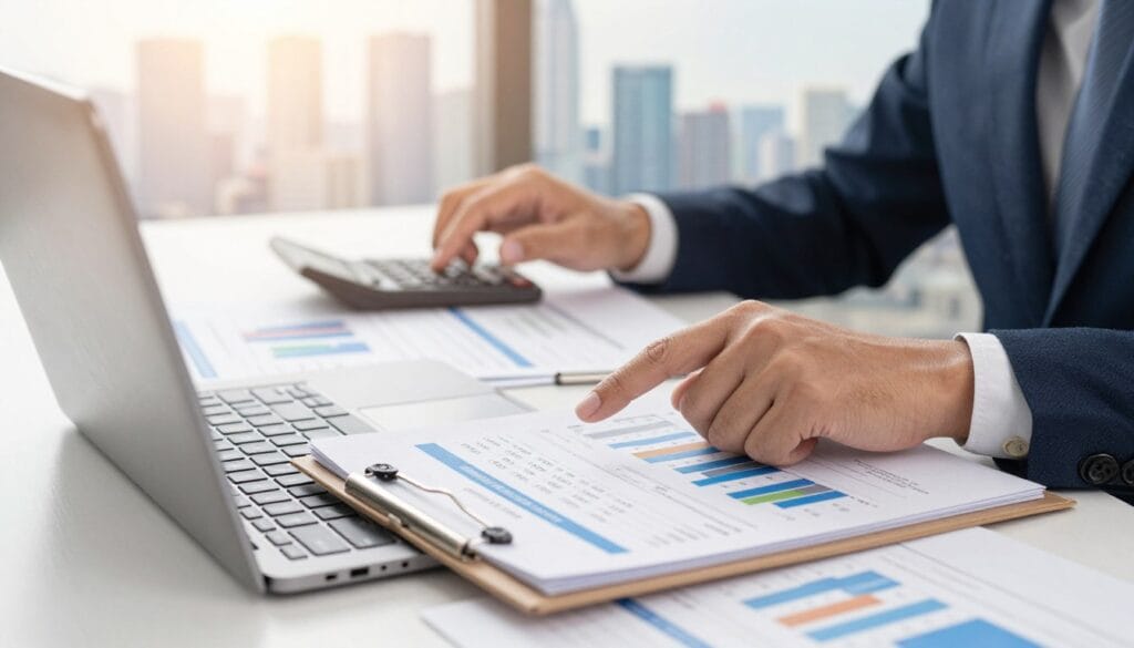 A close-up shot of a professional-looking person in a business suit, sitting at a modern desk with a laptop open, analyzing a credit report. In the foreground, focus on their hand pointing to a highlighted "Payment History" section, showcasing graphs and numbers that indicate on-time payments. The middle layer features a well-organized workspace with financial documents and a calculator, symbolizing responsibility and attention to detail. In the background, a soft-focus image of a city skyline through a window, reflecting a hopeful future built on good credit. Warm, soft lighting creates an optimistic atmosphere, and a shallow depth of field emphasizes the subject's concentration on the importance of maintaining a positive payment history in credit scores.