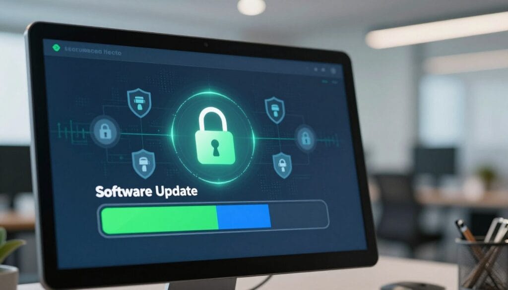 A close-up view of a digital interface showcasing software updates and security patches. In the foreground, a sleek computer screen displays a progress bar indicating a software update in progress, with vibrant green and blue colors symbolizing security and trust. The middle layer features an abstract representation of security features like encryption locks and shield icons, glowing softly to convey a sense of protection. In the background, a blurred futuristic office environment with soft, diffused lighting enhances the theme of technology and modern security practices. The atmosphere is professional and focused, with a calming depth of field that draws attention to the interface. The image should be visually engaging, evoking a sense of urgency and importance in maintaining digital security. A close-up view of a digital interface showcasing software updates and security patches. In the foreground, a sleek computer screen displays a progress bar indicating a software update in progress, with vibrant green and blue colors symbolizing security and trust. The middle layer features an abstract representation of security features like encryption locks and shield icons, glowing softly to convey a sense of protection. In the background, a blurred futuristic office environment with soft, diffused lighting enhances the theme of technology and modern security practices. The atmosphere is professional and focused, with a calming depth of field that draws attention to the interface. The image should be visually engaging, evoking a sense of urgency and importance in maintaining digital security.