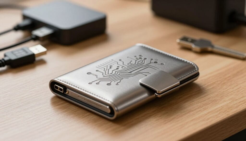 A close-up view of a sleek, modern cold wallet, elegantly resting on a wooden desk, illuminated by soft, warm lighting. The wallet, made of brushed metal with a matte finish, showcases subtle engravings of digital circuits. In the background, a gentle blur of a well-organized office space can be seen, hinting at a professional atmosphere. An assortment of digital security devices, such as USB connectors and encryption keys, are partially visible on the desk, suggesting advanced technology. The image conveys a sense of security and sophistication, emphasizing the importance of safeguarding cryptocurrency assets. The composition is shot from a slightly elevated angle, enhancing the wallet's prominent features while maintaining a clean and minimalist aesthetic.
