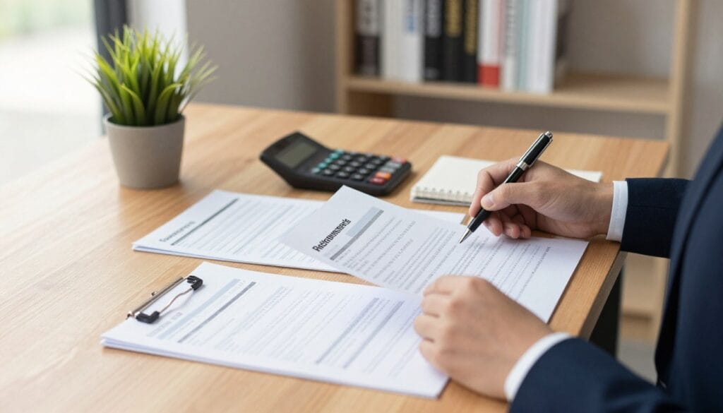 A close-up view of an elegant wooden desk, neatly organized with a variety of financial documents, including savings and retirement account statements. In the foreground, a professional person dressed in business attire is thoughtfully reviewing the documents with a pen in hand, emphasizing focus and diligence. In the middle ground, a sleek calculator and a small potted plant add warmth and life to the workspace. The background features a subtle bookshelf filled with financial literature, hinting at ongoing education. Soft, natural lighting streams through a nearby window, creating a calm and optimistic atmosphere. The overall mood conveys security, planning, and hope for a prosperous financial future.