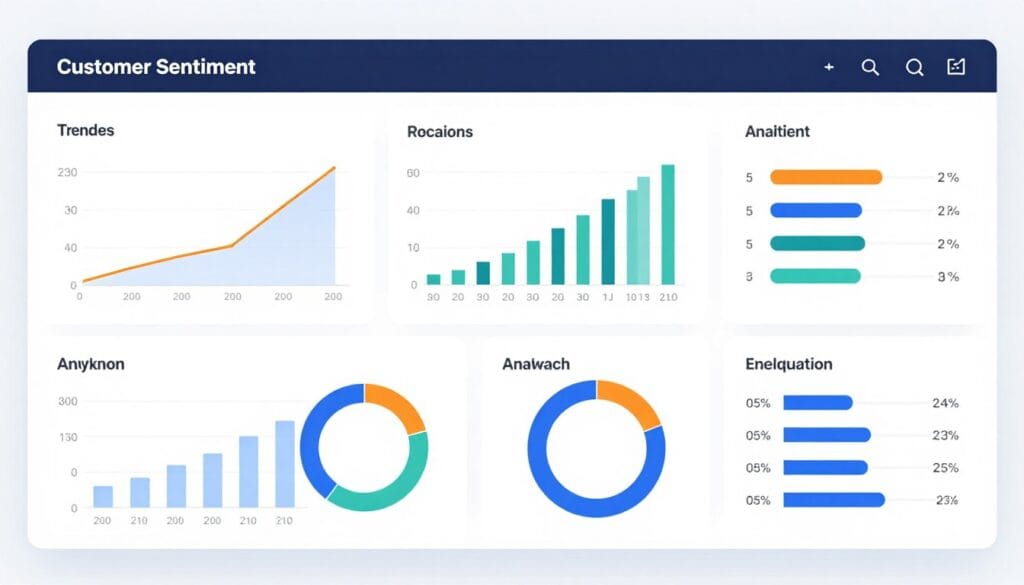 A colorful data visualization dashboard showing customer sentiment trends and intent analysis with clean charts and graphs.