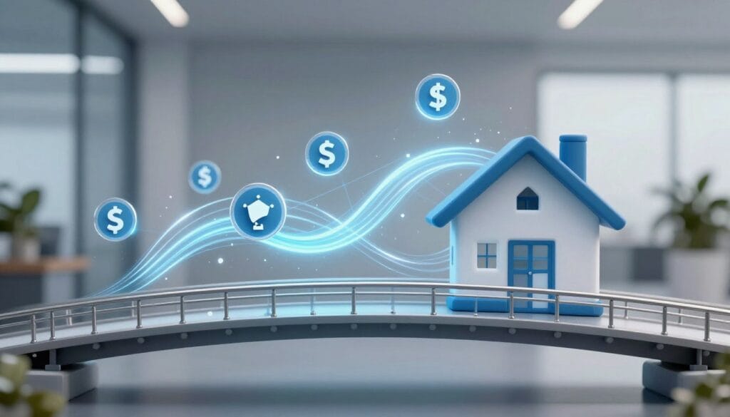 A conceptual illustration of a digital bridge connecting a private lender to a real estate developer with currency icons flowing across. A conceptual illustration of a digital bridge connecting a private lender to a real estate developer with currency icons flowing across.