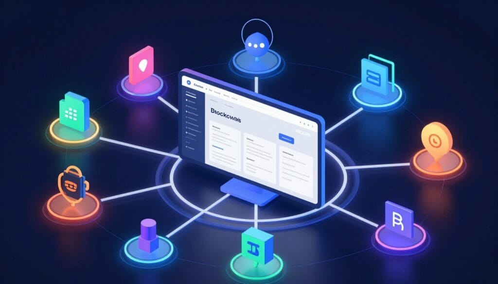 A conceptual illustration of multiple blockchains interconnecting like a neon web, with a sleek marketplace dashboard in the center, high-tech aesthetic, vibrant colors.