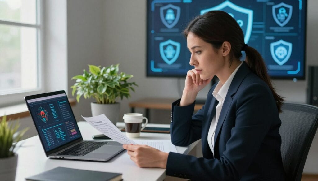 A contemplative office setting featuring a sleek desk with a modern laptop displaying cybersecurity software graphs. In the foreground, a professional woman in smart business attire thoughtfully reviews a document on malware protection options. She has a focused expression, illuminated by soft, natural light coming from a window. The middle layer includes a potted plant and a cup of coffee, adding warmth to the scene. In the background, a large screen shows digital shields and data protection icons, emphasizing the theme of malware security. The atmosphere is calm and analytical, evoking a sense of thoroughness and professionalism in making informed technology choices, captured in a slightly high angle for a dynamic perspective. A contemplative office setting featuring a sleek desk with a modern laptop displaying cybersecurity software graphs. In the foreground, a professional woman in smart business attire thoughtfully reviews a document on malware protection options. She has a focused expression, illuminated by soft, natural light coming from a window. The middle layer includes a potted plant and a cup of coffee, adding warmth to the scene. In the background, a large screen shows digital shields and data protection icons, emphasizing the theme of malware security. The atmosphere is calm and analytical, evoking a sense of thoroughness and professionalism in making informed technology choices, captured in a slightly high angle for a dynamic perspective.