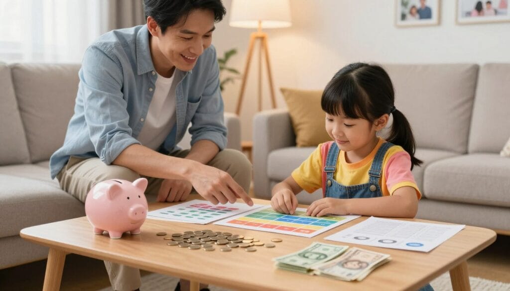 A cozy living room setting where a parent and child are engaging in a fun, interactive lesson about money management. The foreground features a parent, dressed in smart casual attire, sitting beside a child around 8 years old, who is wearing colorful, playful clothing. They are surrounded by educational tools such as a piggy bank, colorful charts, and play money. In the middle, a coffee table is covered with neatly arranged coins and bills, indicating a hands-on approach to learning. The background showcases a warm, inviting atmosphere with soft lighting from a nearby lamp and family photos on the wall, evoking a sense of trust and security. The mood is cheerful and encouraging, highlighting the joy of learning financial habits together. A cozy living room setting where a parent and child are engaging in a fun, interactive lesson about money management. The foreground features a parent, dressed in smart casual attire, sitting beside a child around 8 years old, who is wearing colorful, playful clothing. They are surrounded by educational tools such as a piggy bank, colorful charts, and play money. In the middle, a coffee table is covered with neatly arranged coins and bills, indicating a hands-on approach to learning. The background showcases a warm, inviting atmosphere with soft lighting from a nearby lamp and family photos on the wall, evoking a sense of trust and security. The mood is cheerful and encouraging, highlighting the joy of learning financial habits together.