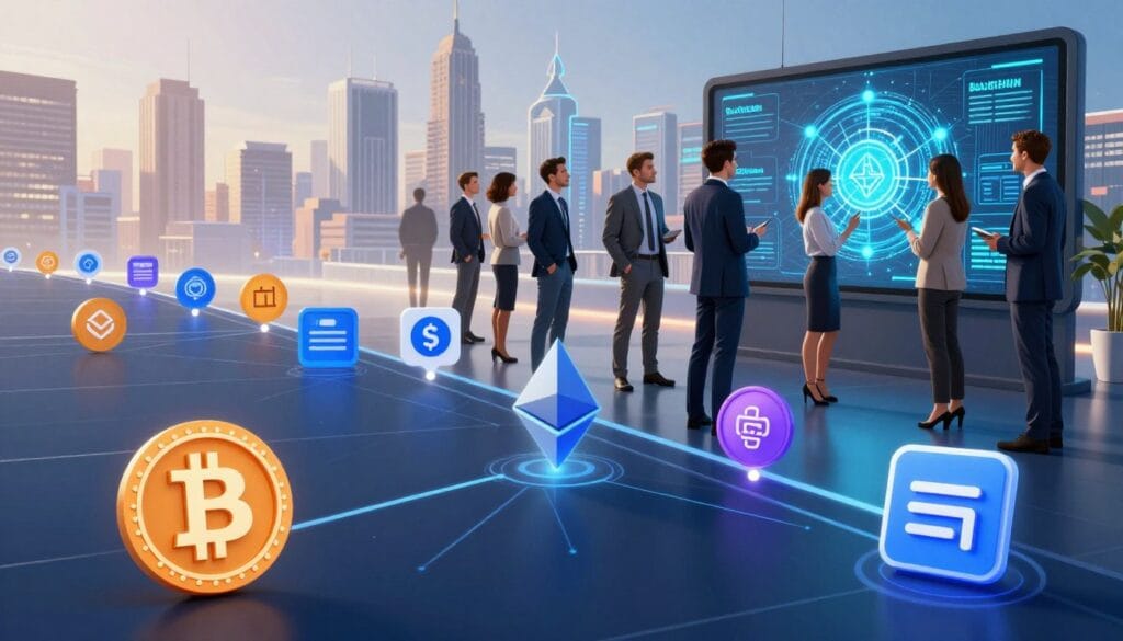 A detailed and engaging visual representation of the history of blockchain technology, featuring a timeline that spans from its inception in the early 2000s to the present day. In the foreground, showcase prominent milestones like the creation of Bitcoin, Ethereum, and smart contracts, illustrated as vibrant icons or symbols. In the middle ground, include a diverse group of professionals in business attire, discussing concepts around a digital display of blockchain networks, signifying collaboration and innovation. The background should depict a futuristic city skyline, symbolizing the transformative potential of blockchain. Use bright, inspiring lighting to evoke optimism and progress, with a dynamic angle that captures the interconnectedness of the technology and its impact on society.