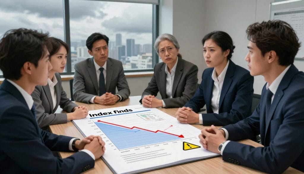 A detailed and informative illustration representing the risks and drawbacks of index funds. In the foreground, a diverse group of professionals in smart business attire is engaged in a serious discussion, with expressions of concern. The middle ground features an open financial report on a table showcasing declining graphs and warning symbols. In the background, a large window reveals a cloudy skyline, symbolizing market volatility. The lighting is soft yet dramatic, highlighting the intensity of the conversation, with focus on the financial report. Use a slightly elevated angle to capture the dynamics of the group and the table. The mood should reflect seriousness and caution, illustrating the complexities of investing in index funds effectively. A detailed and informative illustration representing the risks and drawbacks of index funds. In the foreground, a diverse group of professionals in smart business attire is engaged in a serious discussion, with expressions of concern. The middle ground features an open financial report on a table showcasing declining graphs and warning symbols. In the background, a large window reveals a cloudy skyline, symbolizing market volatility. The lighting is soft yet dramatic, highlighting the intensity of the conversation, with focus on the financial report. Use a slightly elevated angle to capture the dynamics of the group and the table. The mood should reflect seriousness and caution, illustrating the complexities of investing in index funds effectively.