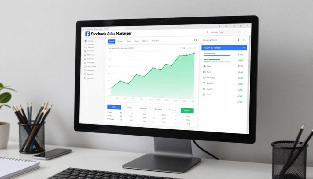 A detailed dashboard of Facebook Ads Manager on a computer monitor showing green growth charts, conversion metrics, and target audience settings. A detailed dashboard of Facebook Ads Manager on a computer monitor showing green growth charts, conversion metrics, and target audience settings.
