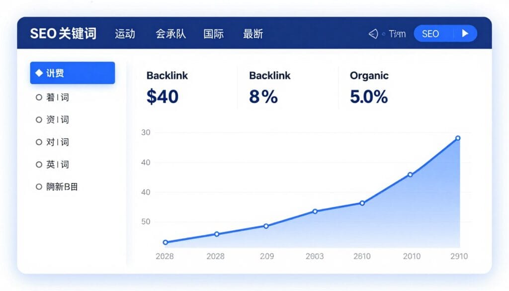 A detailed data visualization screen showing SEO keyword rankings, backlink profiles, and organic growth charts with a professional blue and white color scheme. A detailed data visualization screen showing SEO keyword rankings, backlink profiles, and organic growth charts with a professional blue and white color scheme.
