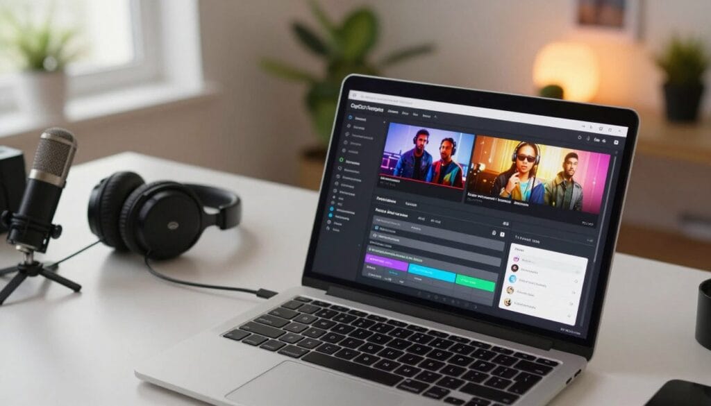 A detailed digital workspace showcasing CapCut export settings tailored for creating viral YouTube videos. In the foreground, a sleek laptop screen illuminates various export options, including resolution, frame rate, and file format, with vibrant visuals of video thumbnails displayed. The middle layer includes a stylish, minimalist desk cluttered with video editing tools like headphones, a microphone, and a camera, enhancing the editing atmosphere. The background features soft, ambient lighting from a window casting a warm glow, with indoor plants adding a touch of greenery. The overall mood is focused and creative, emphasizing the importance of precise export settings in achieving high-quality video content. The angle captures the scene from a slightly elevated perspective, giving a comprehensive view of the workspace without any human figures present. A detailed digital workspace showcasing CapCut export settings tailored for creating viral YouTube videos. In the foreground, a sleek laptop screen illuminates various export options, including resolution, frame rate, and file format, with vibrant visuals of video thumbnails displayed. The middle layer includes a stylish, minimalist desk cluttered with video editing tools like headphones, a microphone, and a camera, enhancing the editing atmosphere. The background features soft, ambient lighting from a window casting a warm glow, with indoor plants adding a touch of greenery. The overall mood is focused and creative, emphasizing the importance of precise export settings in achieving high-quality video content. The angle captures the scene from a slightly elevated perspective, giving a comprehensive view of the workspace without any human figures present.