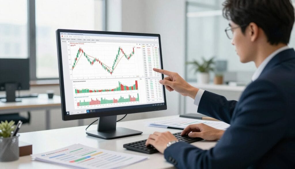 A detailed illustration of a swing trading strategy plan, featuring a professional businessperson in a sharp suit analyzing stock charts on a computer screen. In the foreground, focus on the computer with clear candlestick charts and indicators. The middle ground showcases various financial documents and trading models spread out on a sleek desk. In the background, a modern office setting with large windows allowing natural light to flood in, creating a bright and inspiring atmosphere. The lighting is soft yet focused on the screen, emphasizing the charts. The overall mood is strategic and ambitious, capturing the essence of systematic trading planning. A detailed illustration of a swing trading strategy plan, featuring a professional businessperson in a sharp suit analyzing stock charts on a computer screen. In the foreground, focus on the computer with clear candlestick charts and indicators. The middle ground showcases various financial documents and trading models spread out on a sleek desk. In the background, a modern office setting with large windows allowing natural light to flood in, creating a bright and inspiring atmosphere. The lighting is soft yet focused on the screen, emphasizing the charts. The overall mood is strategic and ambitious, capturing the essence of systematic trading planning.