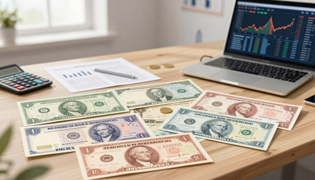 A detailed illustration showcasing different types of bonds and fixed income securities. In the foreground, prominently display a diverse array of bond certificates, featuring vibrant colors and unique designs, including government bonds, corporate bonds, and municipal bonds. In the middle ground, depict a well-organized desk adorned with financial documents, a calculator, and a laptop open to a financial market dashboard. In the background, an abstract representation of a financial city skyline, symbolizing investment and economic growth, subtly blurred to create depth. Soft, natural lighting filters through a window, casting gentle shadows, evoking a professional and inviting atmosphere. Capture a sense of stability and security, reflecting the essence of bonds and fixed income investments without any text or logos.