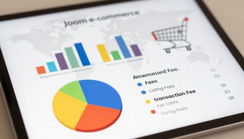 A detailed infographic illustrating the commission and fee structure of the Joom e-commerce platform. The foreground features a large, clear pie chart representing different commission rates, highlighted in various vibrant colors. In the middle, include stacked bar graphs detailing payment timelines and various fees, such as listing fees and transaction fees, each in distinct, contrasting hues. The background consists of a subtle, blurred depiction of global maps and shopping carts to emphasize the platform's global reach. Use soft, natural lighting to enhance clarity and readability, with a slight tilt angle for depth. The mood should be professional and informative, fostering a sense of trust and understanding. The overall design should be sleek and modern, avoiding clutter while drawing attention to the essential elements of Joom's fee structure. A detailed infographic illustrating the commission and fee structure of the Joom e-commerce platform. The foreground features a large, clear pie chart representing different commission rates, highlighted in various vibrant colors. In the middle, include stacked bar graphs detailing payment timelines and various fees, such as listing fees and transaction fees, each in distinct, contrasting hues. The background consists of a subtle, blurred depiction of global maps and shopping carts to emphasize the platform's global reach. Use soft, natural lighting to enhance clarity and readability, with a slight tilt angle for depth. The mood should be professional and informative, fostering a sense of trust and understanding. The overall design should be sleek and modern, avoiding clutter while drawing attention to the essential elements of Joom's fee structure.