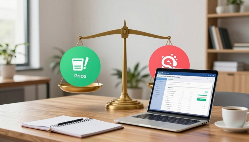 A detailed infographic illustrating the pros and cons of GetResponse Email Marketing. In the foreground, depict a polished wooden table with a laptop open, displaying a colorful dashboard of the software, surrounded by notepads and a cup of coffee. The middle layer features a balanced scale, with icons representing pros (like increased ROI and user-friendly design) on one side and cons (like pricing and customer support issues) on the other, visually contrasting with contrasting colors. In the background, a softly lit office environment with plants and bookshelves creates a professional atmosphere. Use bright, optimistic lighting that enhances the mood of analysis and productivity, with a slight depth of field to focus on the scale and laptop. No text, captions, or branding elements present. A detailed infographic illustrating the pros and cons of GetResponse Email Marketing. In the foreground, depict a polished wooden table with a laptop open, displaying a colorful dashboard of the software, surrounded by notepads and a cup of coffee. The middle layer features a balanced scale, with icons representing pros (like increased ROI and user-friendly design) on one side and cons (like pricing and customer support issues) on the other, visually contrasting with contrasting colors. In the background, a softly lit office environment with plants and bookshelves creates a professional atmosphere. Use bright, optimistic lighting that enhances the mood of analysis and productivity, with a slight depth of field to focus on the scale and laptop. No text, captions, or branding elements present.