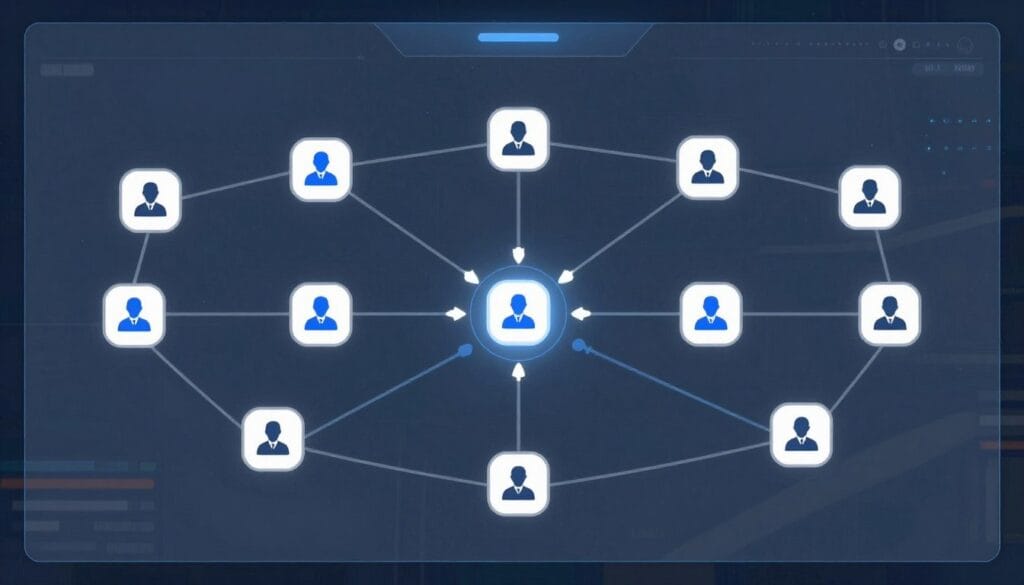 A digital CRM map showing customer journey paths, lead conversion icons, and connection lines in a modern tech-style interface.