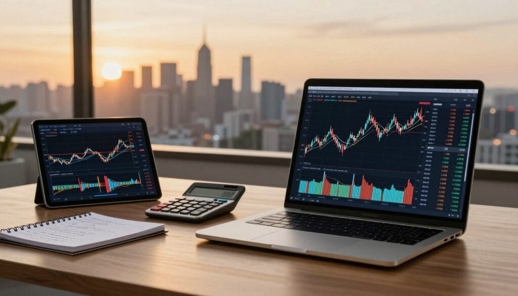 A digital workspace featuring essential technical analysis tools and indicators for stock trading. In the foreground, a modern laptop displaying a dynamic stock chart with moving averages and candlestick patterns animated on the screen. Beside the laptop, a professional-looking tablet shows various indicators like RSI and MACD. In the middle ground, a well-organized desk with a notepad filled with strategic notes and a high-tech calculator. The background features a panoramic view of a city skyline at dusk, bathed in warm golden light, creating a professional and inspiring atmosphere. Soft lighting enhances the sleek, modern aesthetic. Angle the composition to focus on the tools, with depth of field emphasizing the laptop in sharp clarity while blurring the distant skyline slightly. A digital workspace featuring essential technical analysis tools and indicators for stock trading. In the foreground, a modern laptop displaying a dynamic stock chart with moving averages and candlestick patterns animated on the screen. Beside the laptop, a professional-looking tablet shows various indicators like RSI and MACD. In the middle ground, a well-organized desk with a notepad filled with strategic notes and a high-tech calculator. The background features a panoramic view of a city skyline at dusk, bathed in warm golden light, creating a professional and inspiring atmosphere. Soft lighting enhances the sleek, modern aesthetic. Angle the composition to focus on the tools, with depth of field emphasizing the laptop in sharp clarity while blurring the distant skyline slightly.