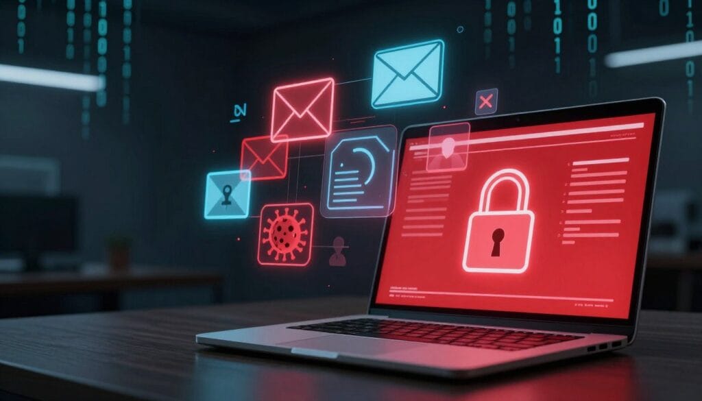 A digitally rendered workspace environment showcasing cybersecurity threats. In the foreground, a sleek laptop displays ominous red warning alerts, with a stylized padlock graphic symbolizing encryption. The middle layer features floating digital icons representing various threats like phishing emails, malware, and ransomware, illustrated in a visual collage with sharp lines and glowing effects. In the background, abstract binary codes cascade down a darkened wall, enhancing the technological atmosphere. The lighting is moody with a cool color palette, emphasizing the seriousness and urgency of cybersecurity issues. The angle is slightly tilted for a dynamic perspective, creating an immersive feeling of being inside a digital battlefield. The overall mood is tense yet focused, encapsulating the critical nature of personal data protection.