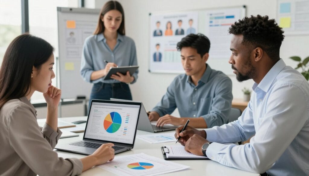 A diverse group of four professionals engaged in a brainstorming session, sitting around a sleek, modern table covered with charts and digital devices. In the foreground, a young woman of Asian descent points at a colorful pie chart on a laptop screen, her expression focused and thoughtful. A middle-aged Black man, wearing a formal shirt, leans forward with a pen in hand, ready to jot down ideas. In the background, a white woman stands by a whiteboard filled with audience personas, while a Hispanic man takes notes on a tablet. Soft, natural lighting floods the room, emphasizing a collaborative and engaging atmosphere. The camera angle captures the dynamic interplay of ideas, suggesting a sense of understanding and teamwork in identifying target audiences for marketing strategies. A diverse group of four professionals engaged in a brainstorming session, sitting around a sleek, modern table covered with charts and digital devices. In the foreground, a young woman of Asian descent points at a colorful pie chart on a laptop screen, her expression focused and thoughtful. A middle-aged Black man, wearing a formal shirt, leans forward with a pen in hand, ready to jot down ideas. In the background, a white woman stands by a whiteboard filled with audience personas, while a Hispanic man takes notes on a tablet. Soft, natural lighting floods the room, emphasizing a collaborative and engaging atmosphere. The camera angle captures the dynamic interplay of ideas, suggesting a sense of understanding and teamwork in identifying target audiences for marketing strategies.