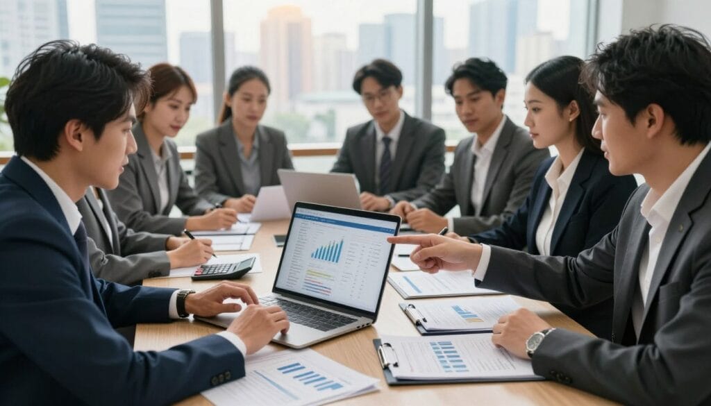 A diverse group of professionals gathered around a conference table, analyzing real estate investment opportunities together. In the foreground, a man in a tailored suit and a woman in smart business attire point to a laptop screen displaying graphs and property listings. The middle layer features documents, a financial report, and a calculator spread on the table, symbolizing collaboration and financial analysis. In the background, large windows showcase a city skyline, bathed in warm natural light, creating a motivating atmosphere. The image captures a sense of teamwork and strategy, emphasizing the theme of partnering and leveraging other people's money in real estate investment. The overall mood is professional, focused, and optimistic.