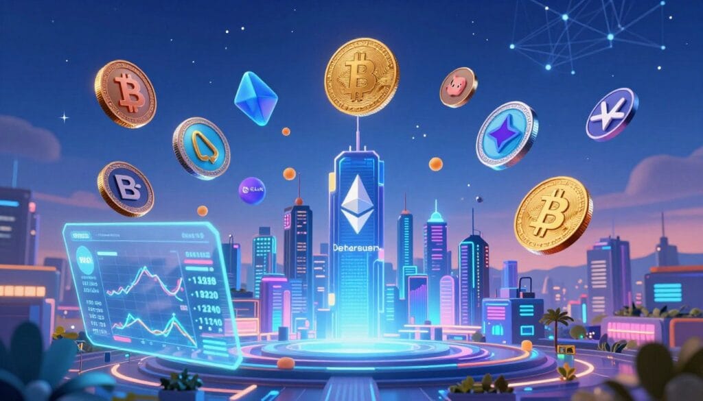 A dynamic and informative overview of cryptocurrency and metaverse coins, featuring an array of digital coins depicted as vibrant, animated tokens floating in a shimmering, futuristic landscape. In the foreground, a holographic display showcases key metrics, such as market trends and investment stats, with icons representing various coins like Bitcoin, Ethereum, and metaverse assets like Decentraland. In the middle ground, a stylized digital cityscape symbolizes the metaverse, with virtual skyscrapers and neon lights, enhancing the tech-savvy atmosphere. The background transitions to a deep blue twilight sky, dotted with stars that resemble a digital network. Use soft yet bright lighting to create an engaging, optimistic mood, employing a slightly elevated camera angle to capture the holographic displays and the urban scene effectively. A dynamic and informative overview of cryptocurrency and metaverse coins, featuring an array of digital coins depicted as vibrant, animated tokens floating in a shimmering, futuristic landscape. In the foreground, a holographic display showcases key metrics, such as market trends and investment stats, with icons representing various coins like Bitcoin, Ethereum, and metaverse assets like Decentraland. In the middle ground, a stylized digital cityscape symbolizes the metaverse, with virtual skyscrapers and neon lights, enhancing the tech-savvy atmosphere. The background transitions to a deep blue twilight sky, dotted with stars that resemble a digital network. Use soft yet bright lighting to create an engaging, optimistic mood, employing a slightly elevated camera angle to capture the holographic displays and the urban scene effectively.