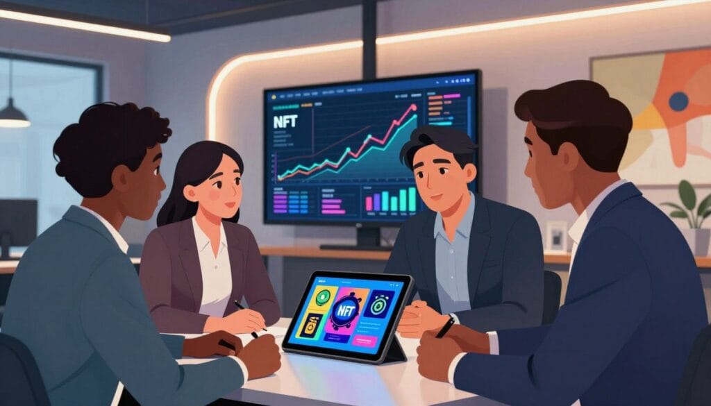A dynamic and visually compelling illustration depicting NFT investment strategies in a modern office setting. In the foreground, a diverse group of three professionals—two men and one woman, all in business attire—are engaged in a focused discussion around a sleek digital tablet displaying colorful NFT artworks. In the middle ground, a large digital screen showcases various NFT trends and graphs, emphasizing growth and investment opportunities. The background features a contemporary workspace with futuristic designs, soft LED lighting casting a warm glow, and abstract art on the walls. The atmosphere is collaborative and energetic, conveying a sense of innovation and forward-thinking in the world of NFTs. The angle should capture the intensity of the discussion while showcasing the tech-savvy environment.
