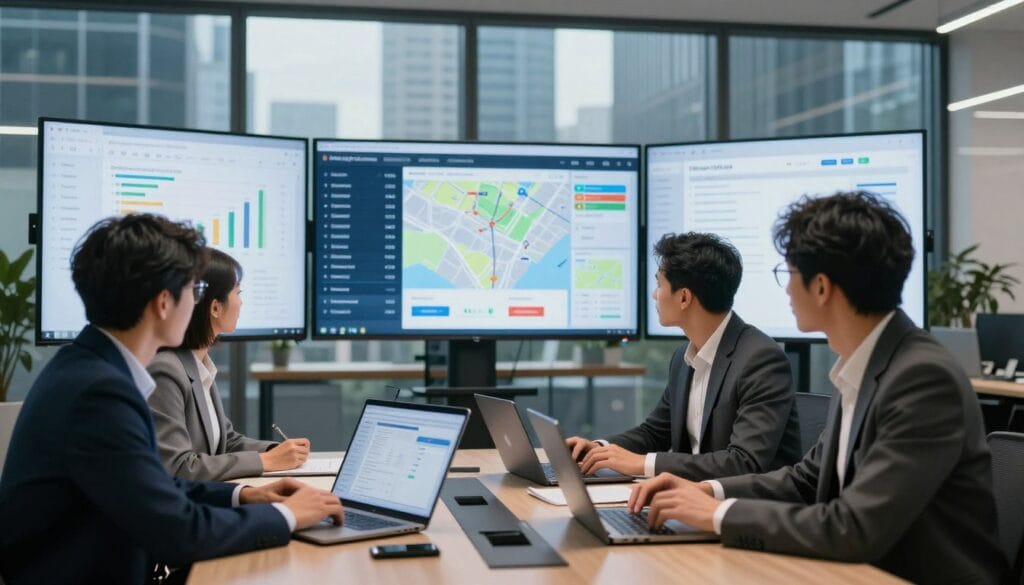 A dynamic and visually engaging scene depicting an omnichannel customer inventory strategy in a modern office setting. In the foreground, a diverse group of three professionals (two men and one woman) dressed in smart business attire are collaborating around a sleek conference table with digital devices displaying data analytics. The middle ground features large screens presenting inventory metrics, interactive maps, and e-commerce platforms, illustrating seamless connectivity across channels. In the background, tall glass windows reveal a bustling cityscape, emphasizing the integration of online and offline commerce. Soft, ambient lighting creates an inviting atmosphere, while a slight lens blur adds depth to the image, focusing on the collaborative effort. The overall mood is one of innovation, teamwork, and modernity, symbolizing the essential components of a successful omnichannel experience.