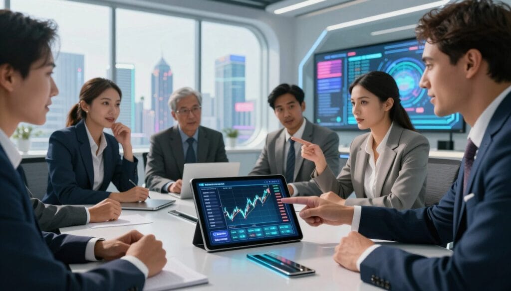 A dynamic scene focused on investing in metaverse stocks, showcasing a diverse group of professionals in business attire gathered around a sleek, modern conference table. In the foreground, a digital tablet displays an immersive 3D holographic chart representing key metaverse companies and stock trends. In the middle ground, enthusiastic professionals engage in discussion, pointing at the chart, with expressions of curiosity and determination. The background features a futuristic, high-tech office space with large windows overlooking a virtual cityscape, filled with vibrant, digital advertisements for prominent metaverse investments. The overall atmosphere is optimistic and innovative, with bright, natural light filtering through the windows, creating a sense of opportunity and forward-thinking. A dynamic scene focused on investing in metaverse stocks, showcasing a diverse group of professionals in business attire gathered around a sleek, modern conference table. In the foreground, a digital tablet displays an immersive 3D holographic chart representing key metaverse companies and stock trends. In the middle ground, enthusiastic professionals engage in discussion, pointing at the chart, with expressions of curiosity and determination. The background features a futuristic, high-tech office space with large windows overlooking a virtual cityscape, filled with vibrant, digital advertisements for prominent metaverse investments. The overall atmosphere is optimistic and innovative, with bright, natural light filtering through the windows, creating a sense of opportunity and forward-thinking.