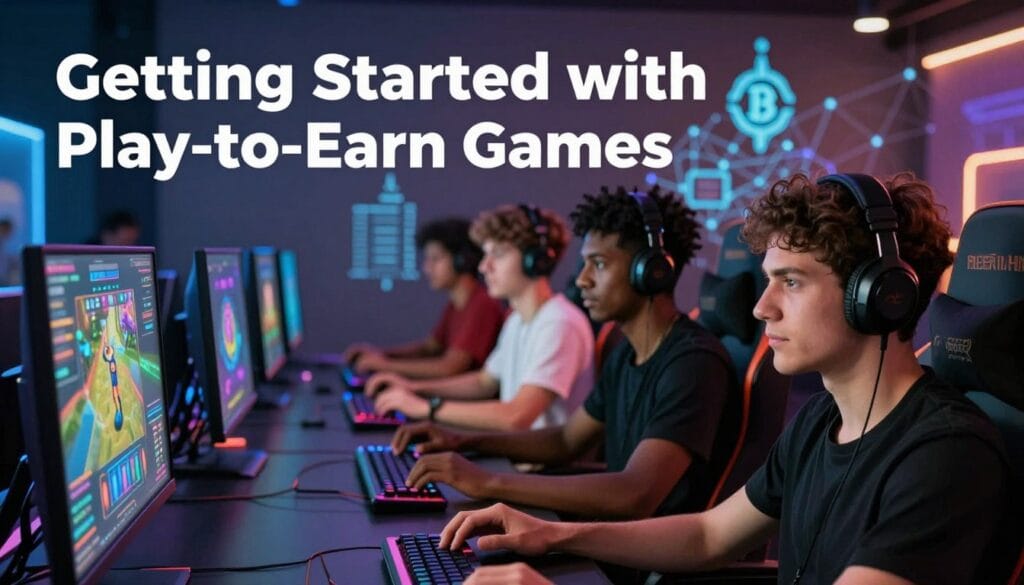 A dynamic scene illustrating the concept of "Getting Started with Play-to-Earn Games." In the foreground, a diverse group of professional gamers—men and women of various ethnicities—are intently focused on their gaming devices, showcasing their engagement and enthusiasm. The middle layer features a vibrant gaming setup with colorful screens displaying digital game interfaces and cryptocurrency graphics. The background includes a futuristic cityscape with blockchain symbols and interconnected networks subtly glowing, representing the digital economy. Soft, ambient lighting creates an inviting atmosphere, while a slight depth of field adds a sense of focus to the gamers. Capture the mood of innovation, excitement, and ambition as players embark on their play-to-earn journey.