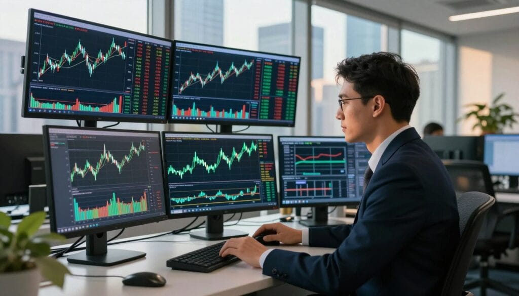 A dynamic swing trading scene capturing the essence of financial markets. In the foreground, an elegant trader in professional business attire analyzes charts on a high-tech computer, displaying candlestick patterns. The middle ground features interactive screens showing stock price movements and various securities highlighted for trading potential, with a clear bullish trend visible. The background incorporates a modern office environment with panoramic windows overlooking a bustling city skyline, bathed in warm afternoon sunlight casting soft shadows. The atmosphere is focused yet energetic, conveying the determination and strategy behind successful trading decisions, as rich green and blue tones dominate the palette to symbolize growth and stability. A dynamic swing trading scene capturing the essence of financial markets. In the foreground, an elegant trader in professional business attire analyzes charts on a high-tech computer, displaying candlestick patterns. The middle ground features interactive screens showing stock price movements and various securities highlighted for trading potential, with a clear bullish trend visible. The background incorporates a modern office environment with panoramic windows overlooking a bustling city skyline, bathed in warm afternoon sunlight casting soft shadows. The atmosphere is focused yet energetic, conveying the determination and strategy behind successful trading decisions, as rich green and blue tones dominate the palette to symbolize growth and stability.