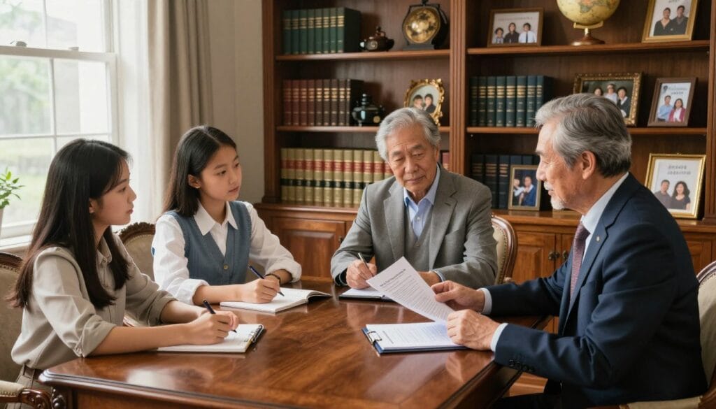 A family meeting in a well-appointed study, showcasing three generations discussing multigenerational wealth transfer strategies. In the foreground, a mature couple in professional business attire is seated at an ornate wooden table, reviewing estate planning documents. Their adult children, dressed in smart casual clothing, are engaged in the conversation, taking notes. The middle layer includes a large, polished bookshelf filled with legal books and family heirlooms, symbolizing legacy. The background features a window with soft, natural light illuminating the room, enhancing a warm and inviting atmosphere. A globe and family photographs are visible, adding depth and context. The overall mood is one of collaboration, trust, and responsibility.