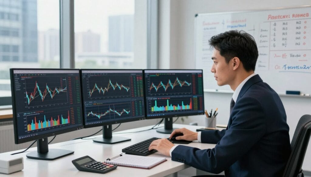 A focused workspace featuring a modern trading desk with multiple computer monitors displaying stock charts and swing trading indicators. In the foreground, a confident trader in professional business attire is intently analyzing data on a screen, with a notepad and calculator nearby for position sizing and risk calculations. The middle ground includes a large window, allowing natural light to illuminate the scene, and a whiteboard filled with trade strategies and key metrics. The background showcases a bustling cityscape, enhancing the trading environment's dynamic feeling. The overall atmosphere should reflect clarity, professionalism, and a sense of strategic planning, with bright, sharp lighting to emphasize the importance of risk management in trading. A focused workspace featuring a modern trading desk with multiple computer monitors displaying stock charts and swing trading indicators. In the foreground, a confident trader in professional business attire is intently analyzing data on a screen, with a notepad and calculator nearby for position sizing and risk calculations. The middle ground includes a large window, allowing natural light to illuminate the scene, and a whiteboard filled with trade strategies and key metrics. The background showcases a bustling cityscape, enhancing the trading environment's dynamic feeling. The overall atmosphere should reflect clarity, professionalism, and a sense of strategic planning, with bright, sharp lighting to emphasize the importance of risk management in trading.