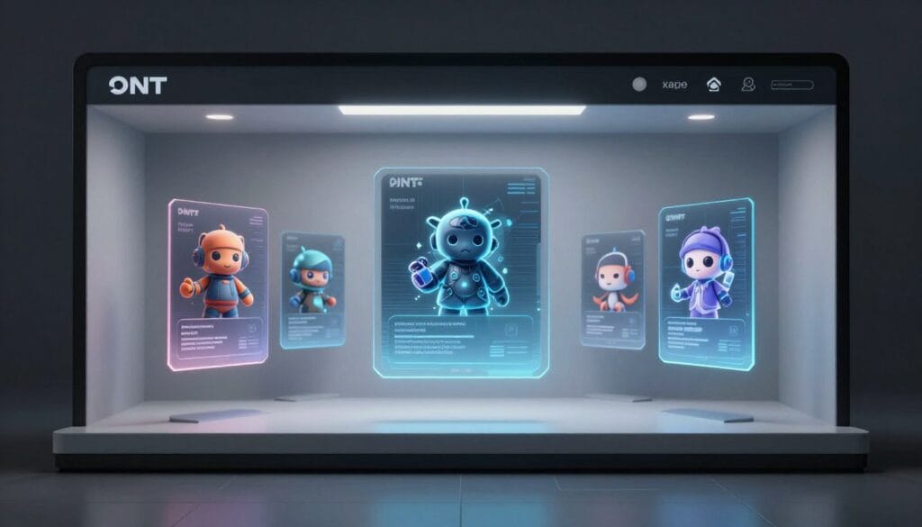 A futuristic 3D digital art gallery interface showing various NFT collections on holographic screens, professional and clean design, 8k resolution, cinematic lighting.