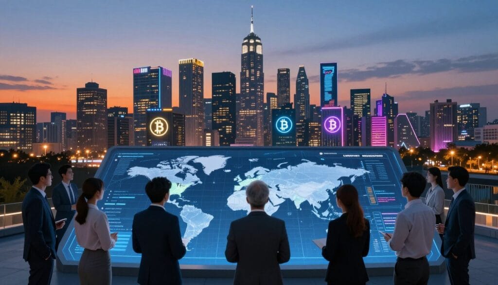 A futuristic city skyline at dusk symbolizes global crypto regulation and international markets. In the foreground, a diverse group of professionals in business attire gathers around a large interactive digital map displaying key cryptocurrency regulations around the world. The middle ground features buildings adorned with crypto logos and financial symbols, while the background showcases a vibrant skyline illuminated by neon colors reflecting market activity. The sky transitions from orange to deep blue, creating an atmosphere of innovation and change. Use a wide-angle lens to capture the dynamic interaction of minds and technology, conveying a sense of collaboration and optimism for the future. Soft, ambient lighting highlights the engagement of the group, hinting at the interconnectedness of global financial systems.