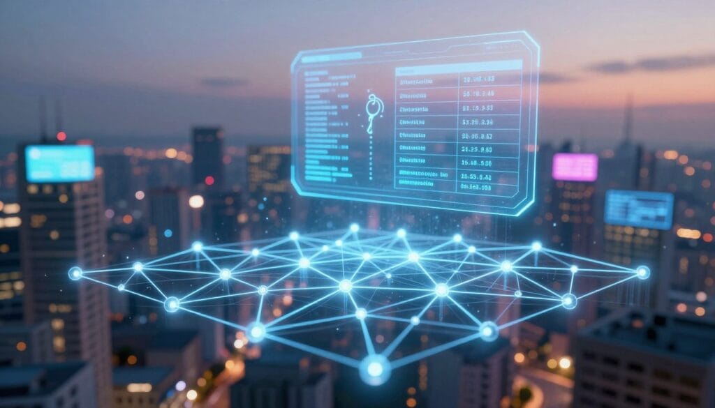 A futuristic depiction of blockchain technology, showcasing its key features and components. In the foreground, a glowing, three-dimensional representation of a blockchain network, with interconnected nodes and chains composed of luminous lines. In the middle ground, a digital ledger interface displaying data blocks and cryptographic keys, illustrating transparency and security. The background features a high-tech city skyline at dusk, illuminated by digital billboards and soft neon lights, enhancing the technology atmosphere. Use soft, ambient lighting with a slight glow effect to evoke a sense of innovation and trust. Capture the scene from a slightly elevated angle, emphasizing the depth of the technology visualized. No human figures are included.