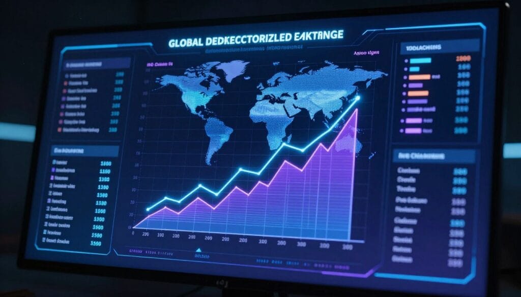 A futuristic digital dashboard showing real-time data streams of global decentralized exchange volumes, neon blue and violet interface, 3D holographic charts of liquidity growth, cinematic lighting, 8k resolution.