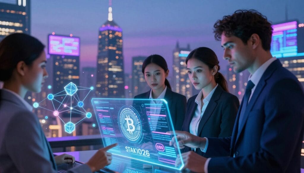 A futuristic digital landscape illustrating the concept of cryptocurrency staking in 2026. In the foreground, a diverse group of three professionals in business attire are examining a holographic display showcasing various cryptocurrencies and staking rewards. The middle ground features stylized nodes and blockchain graphics, shimmering with neon accents, symbolizing network connections and transactions. The background comprises a high-tech city skyline at dusk, illuminated by vibrant lights and digital billboards casting a blue and purple hue across the scene. Soft glow from the holograms reflects on the professionals' focused faces, conveying an atmosphere of innovation and opportunity. Capture this moment from a slightly elevated angle to emphasize the dynamic interplay between technology and finance. A futuristic digital landscape illustrating the concept of cryptocurrency staking in 2026. In the foreground, a diverse group of three professionals in business attire are examining a holographic display showcasing various cryptocurrencies and staking rewards. The middle ground features stylized nodes and blockchain graphics, shimmering with neon accents, symbolizing network connections and transactions. The background comprises a high-tech city skyline at dusk, illuminated by vibrant lights and digital billboards casting a blue and purple hue across the scene. Soft glow from the holograms reflects on the professionals' focused faces, conveying an atmosphere of innovation and opportunity. Capture this moment from a slightly elevated angle to emphasize the dynamic interplay between technology and finance.