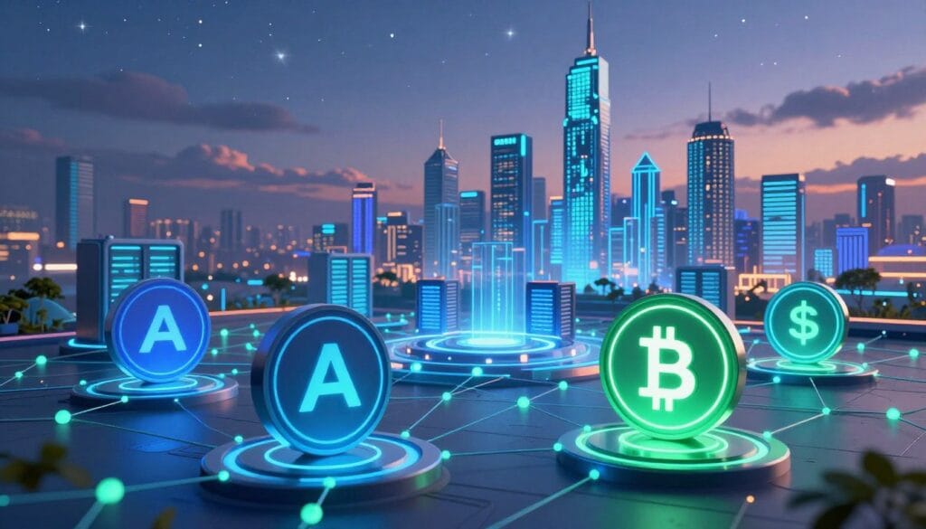 A futuristic digital landscape representing Layer 2 scaling solutions and infrastructure tokens. In the foreground, visualize sleek, stylized representations of Arbitrum and Chainlink tokens, glowing with blue and green neon lights amidst a network of intricate blockchain nodes and interconnected lines. The middle ground features abstract, high-tech infrastructure elements like data centers and servers emanating light, signifying connectivity and speed. The background displays a vibrant digital skyline with skyscrapers formed from binary code and blockchain motifs under a twilight sky filled with stars. Use soft, ethereal lighting to create a sense of innovation and opportunity, evoking an atmosphere of anticipation and technological advancement. The angle is slightly elevated, providing a panoramic view of the digital ecosystem.
