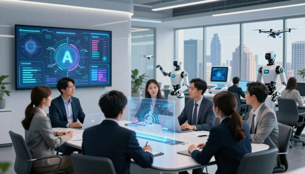 A futuristic office environment showcasing "Trends Shaping AI Automation in 2025." In the foreground, diverse professionals in smart business attire are engaged in discussions around a sleek conference table, with holographic displays of AI data and analytics glowing above them. The middle ground includes advanced robotic assistants and AI-powered devices seamlessly integrated into the workspace, highlighting automation tools. In the background, large windows reveal a vibrant cityscape with towering skyscrapers and drones flying, symbolizing a thriving tech ecosystem. The lighting is bright and modern, suggesting innovation, while a slightly blurred depth of field focuses on the interactions. The overall mood is optimistic and dynamic, capturing the essence of technological advancement and cooperation in business automation.