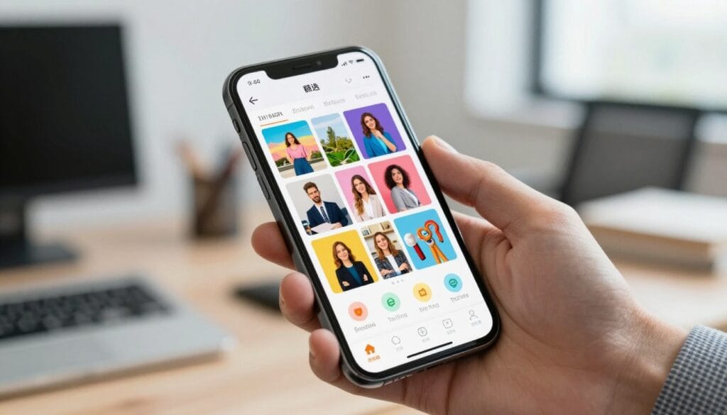 A hand holding a smartphone displaying a social media scheduling app with a grid of vibrant image posts and engagement metrics, blurred office background. A hand holding a smartphone displaying a social media scheduling app with a grid of vibrant image posts and engagement metrics, blurred office background.