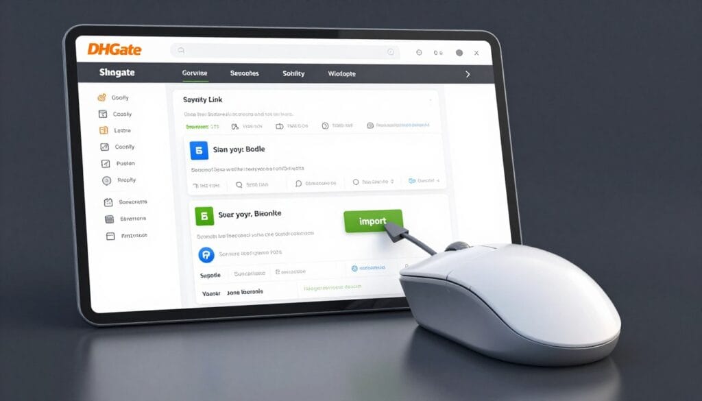 A high-quality 3D render of a computer mouse clicking an 'import' button on a DHgate product page, sending data to a sleek Shopify dashboard interface, professional 4k resolution. A high-quality 3D render of a computer mouse clicking an 'import' button on a DHgate product page, sending data to a sleek Shopify dashboard interface, professional 4k resolution.