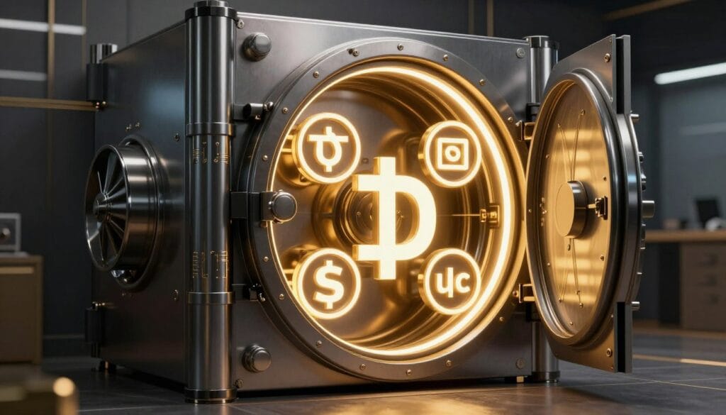 A high-quality 3D render of a futuristic digital vault displaying USDT and USDC icons with glowing gold accents, representing premium financial growth and security, cinematic lighting.